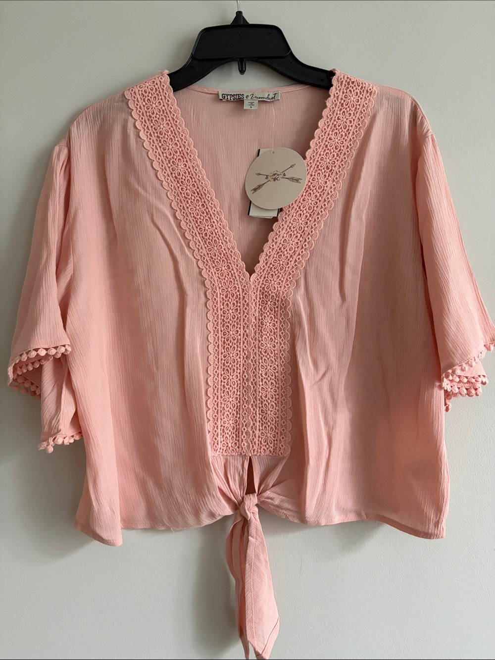 Gypsies & Moondust Blush Pink Crochet-Trim Tie-Front Top